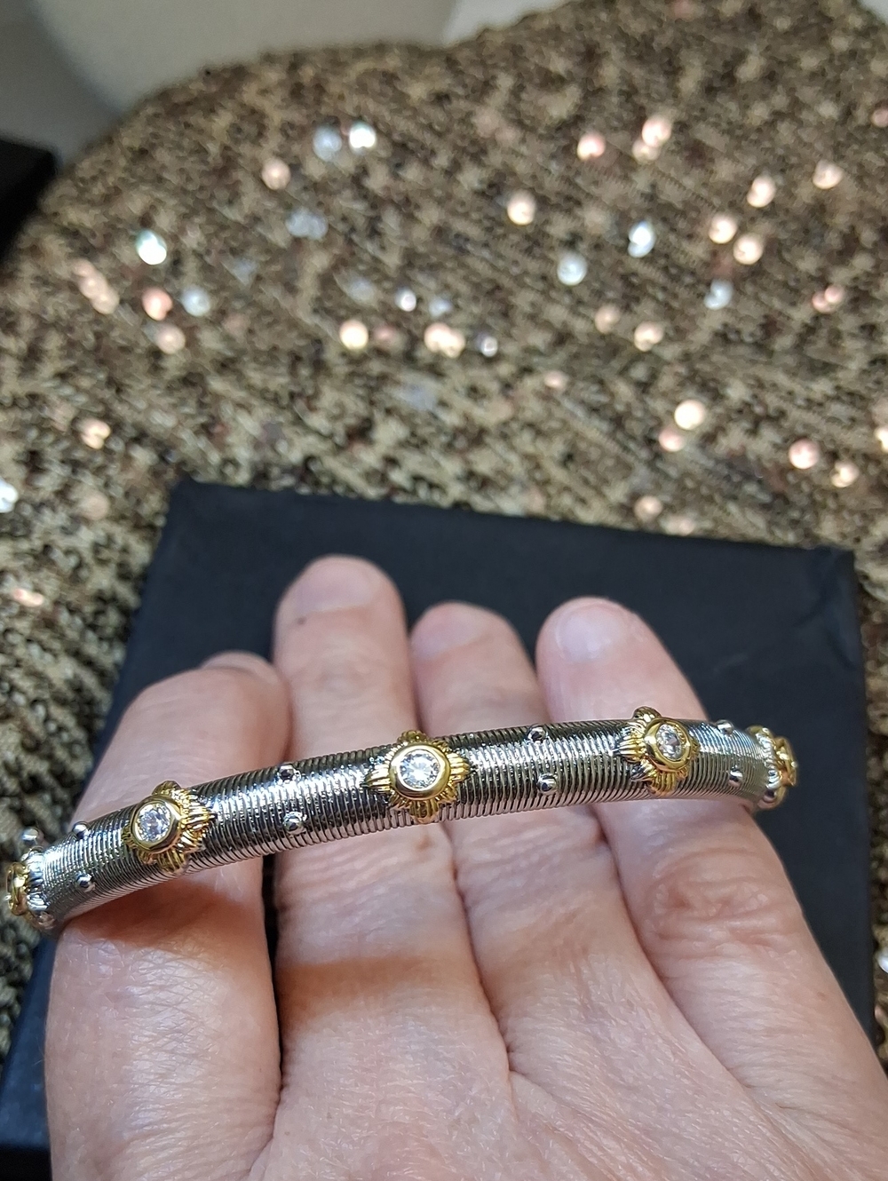 Silver/Pewter Bangle  with Ribbed Detail Featuring Gold Bezel's set with cz's